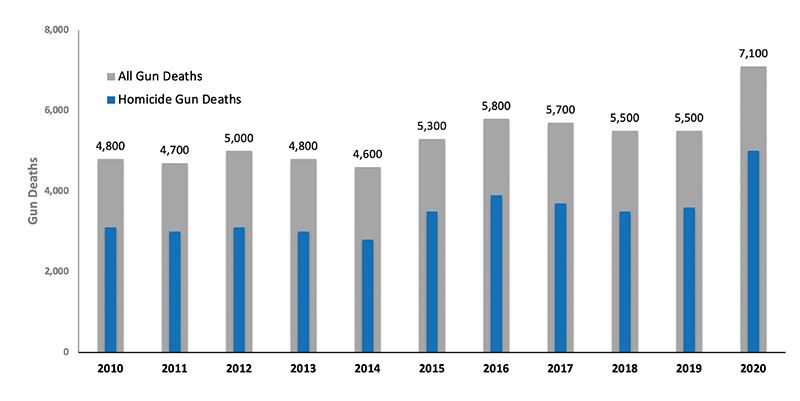 Number of total gun deaths among all BCHC cities, with insert bar representing homicides, 2010-2020
